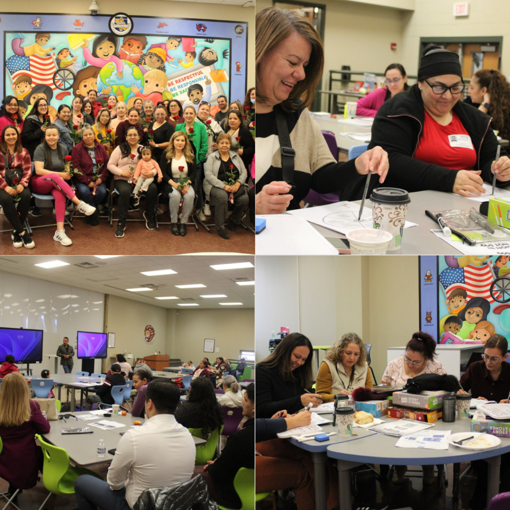 A four-panel collage showing a diverse group of adults participating in a workshop, working at tables and posing together in a brightly lit room.
